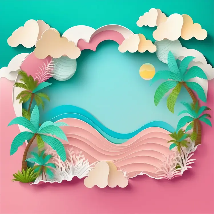 Tropical Beach Paper Art with Palm Trees and Ocean Waves