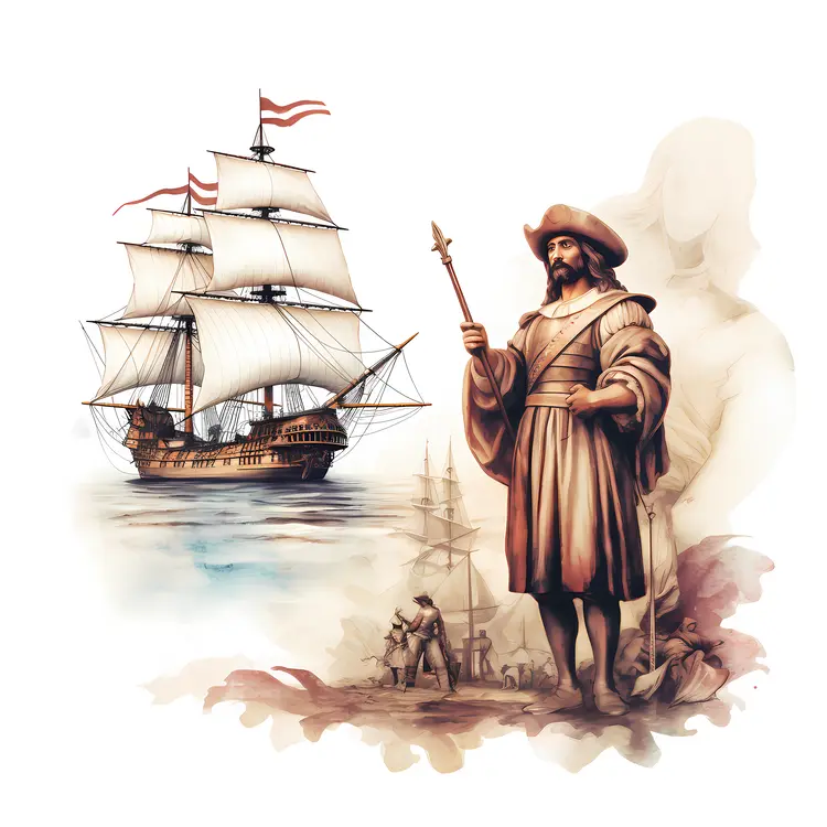 Explorer with Sailing Ship and Crew