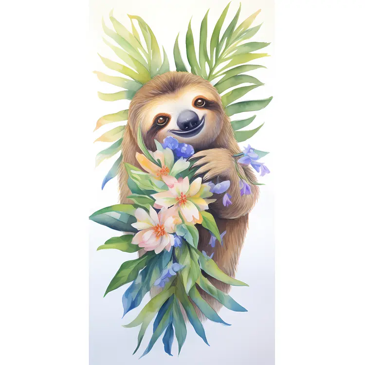 Cute Sloth with Tropical Flowers Illustration