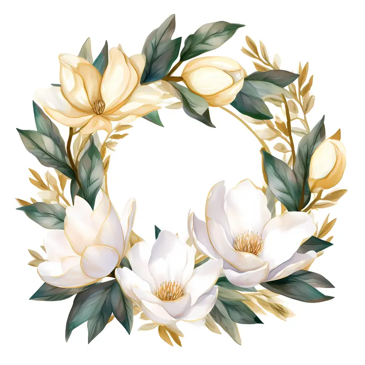 Elegant White Floral Wreath with Green Leaves and Golden Accents