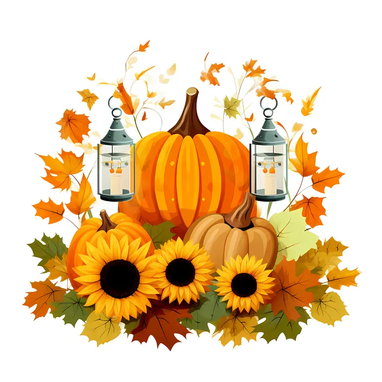 Autumn Harvest Pumpkin with Sunflowers and Lanterns