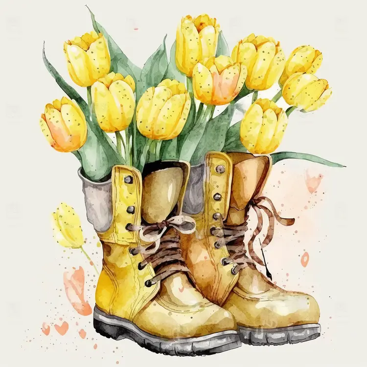 Yellow Boots with Tulips Watercolor Illustration