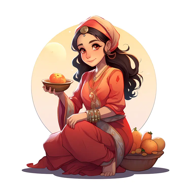 Woman in Traditional Clothing Holding Fruit