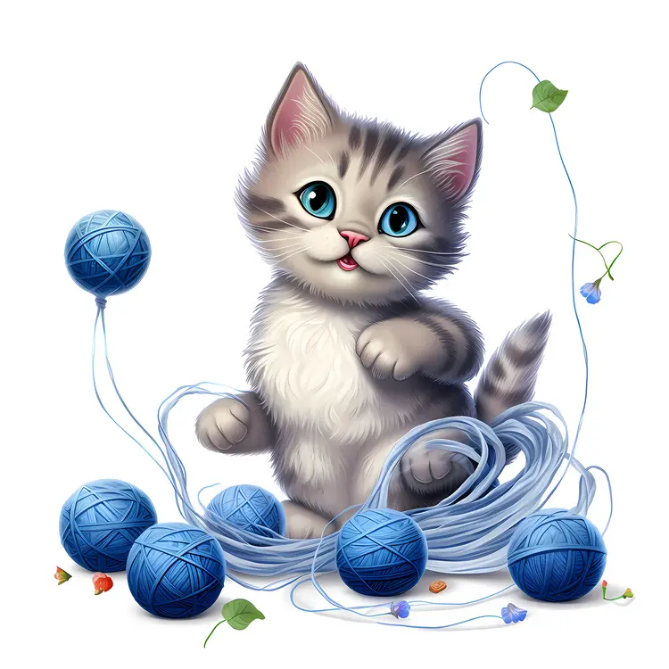Cute Kitten Playing with Blue Yarn Balls