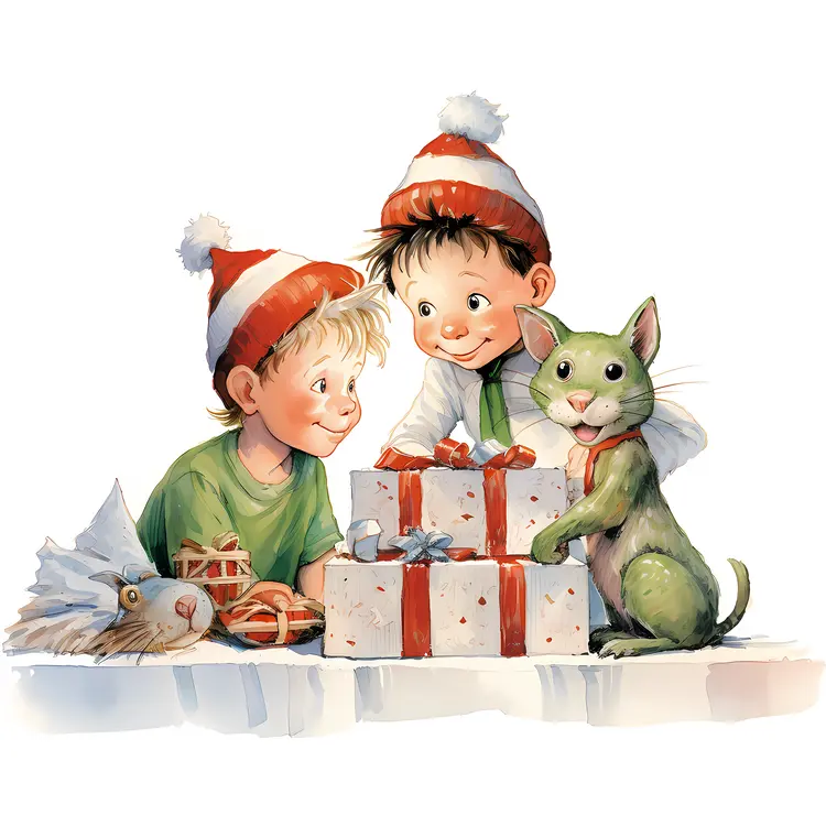Children with Gifts and a Cat