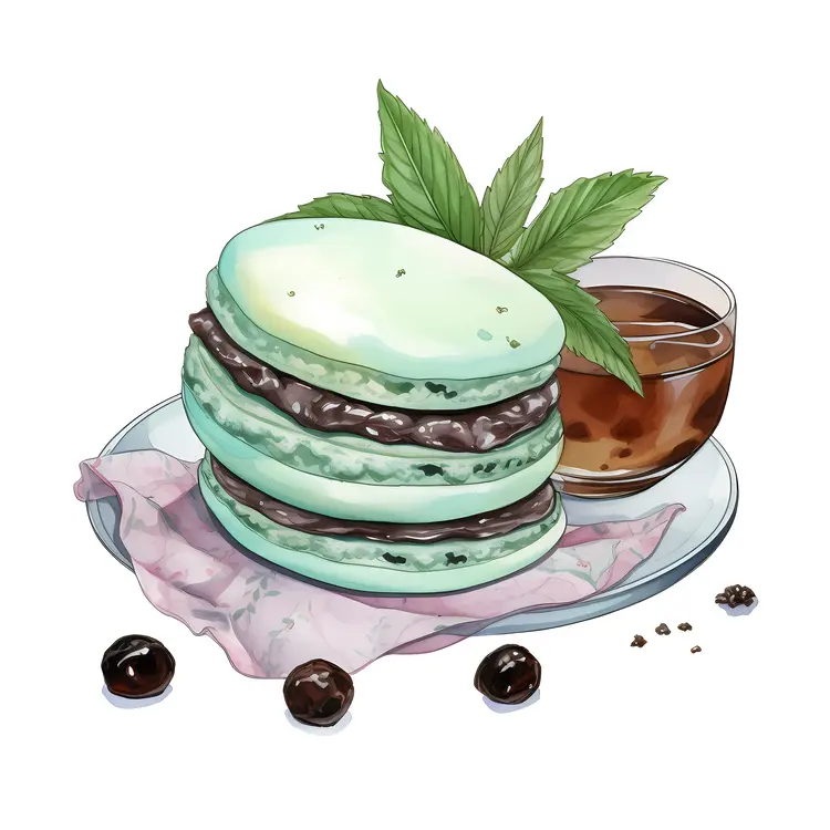 Mint macarons with tea