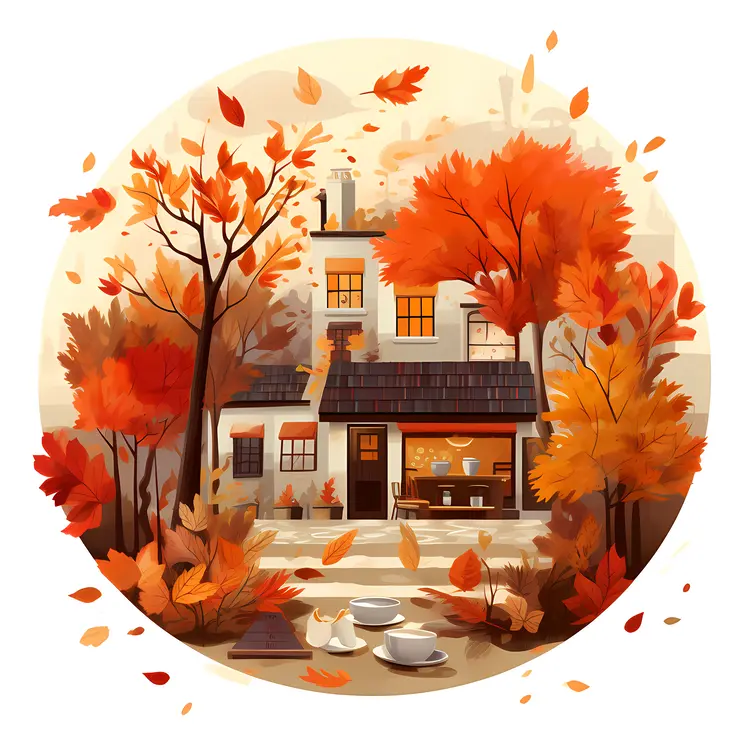 Autumn House with Trees and Fall Leaves
