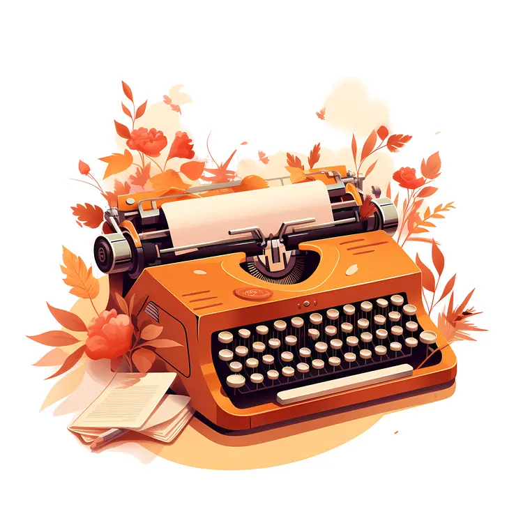 Orange Typewriter with Autumn Leaves