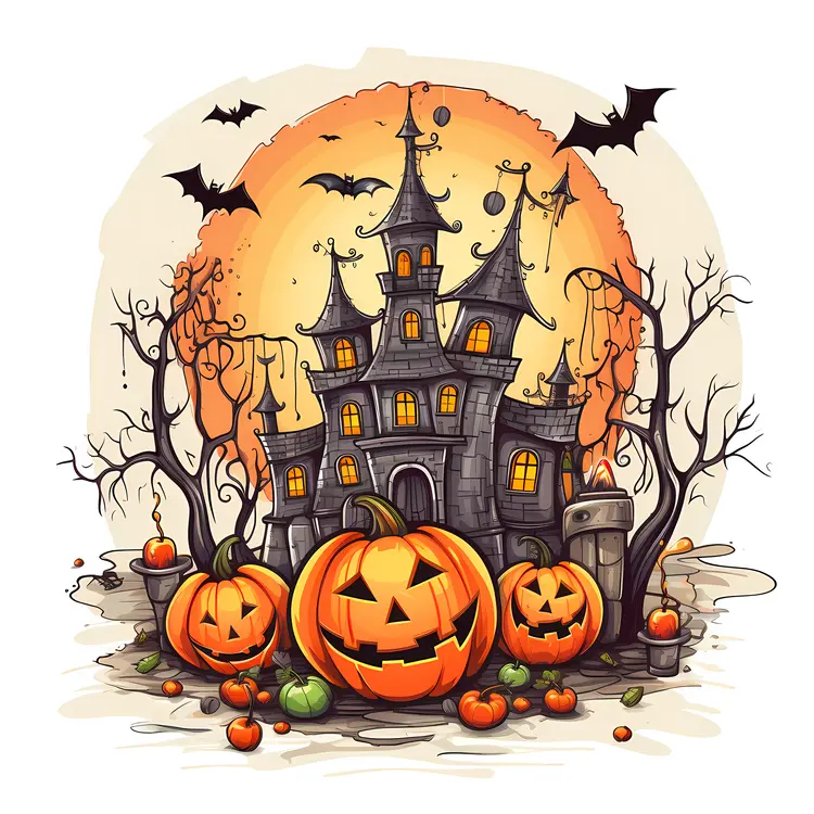 Haunted House with Pumpkins and Bats