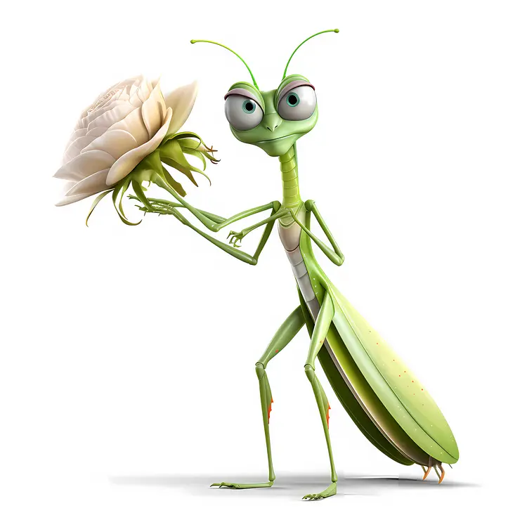 Cartoon Praying Mantis Holding a Flower