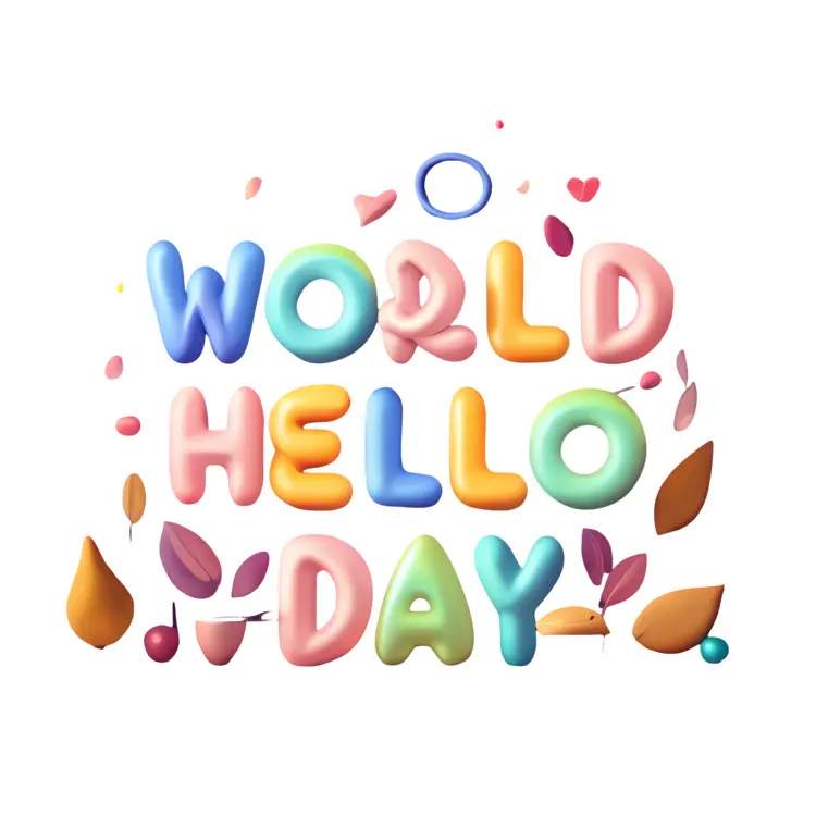 World Hello Day Text with Leaves and Hearts