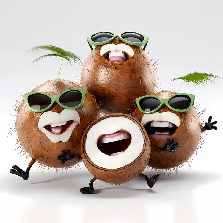 Four Cute Coconut Characters with Sunglasses