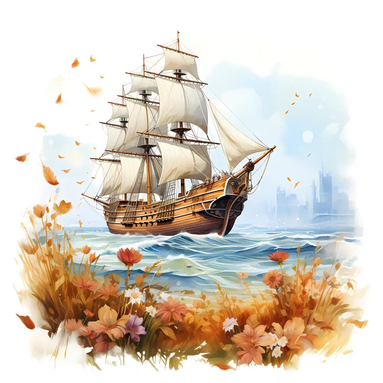 Sailing Ship with Autumn Flowers