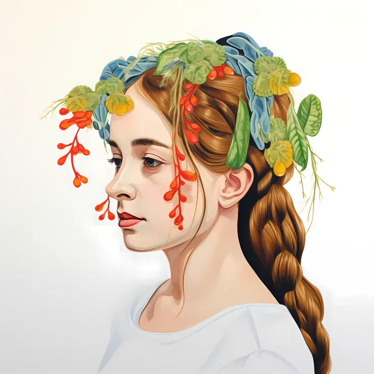 Woman with Floral Headpiece in Botanical Style