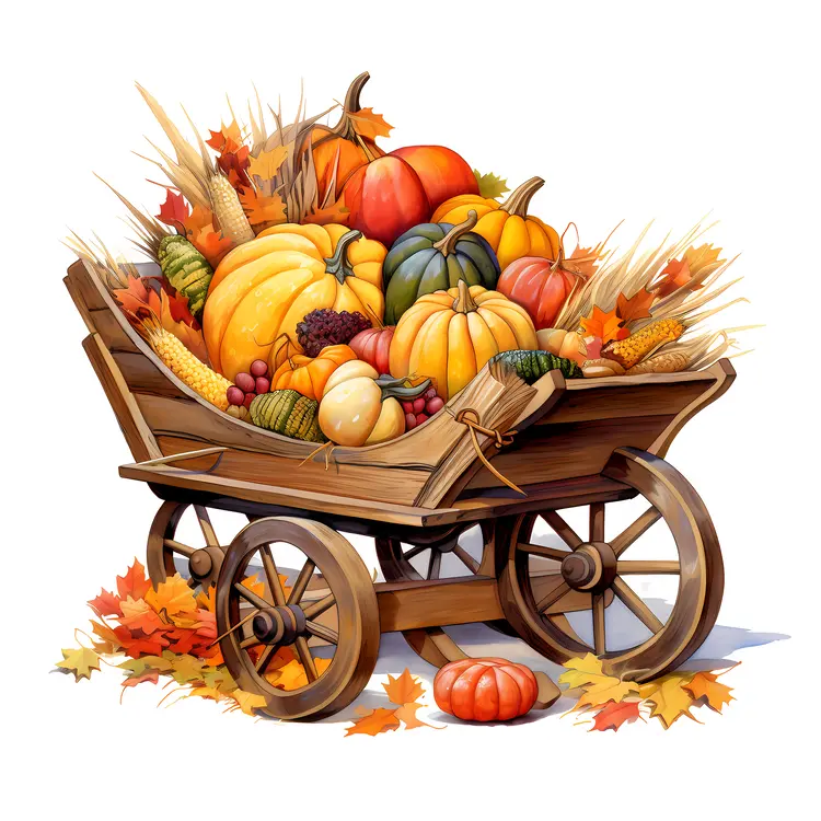Wooden Cart with Pumpkins and Corn for Thanksgiving