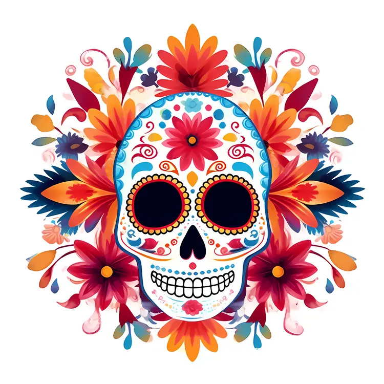 Colorful Sugar Skull with Floral Decorations for Day of the Dead