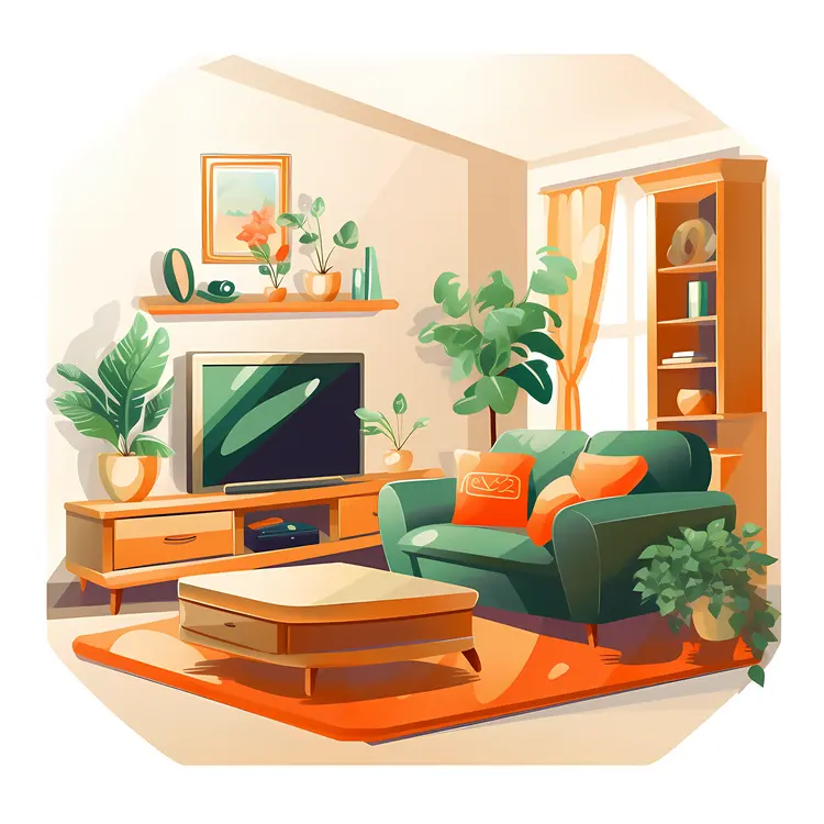 Cozy Living Room with Green Sofa and Plants