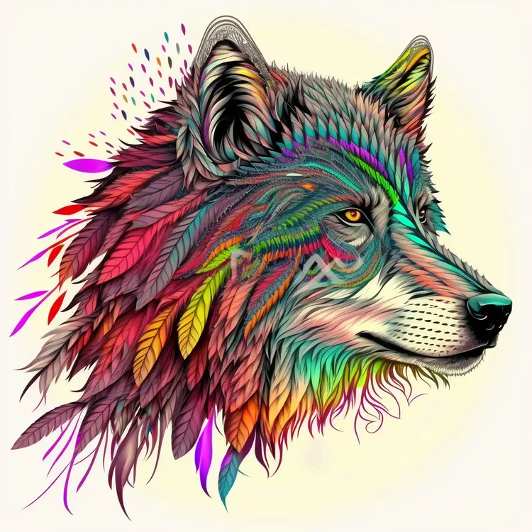 Colorful Wolf Illustration with Vibrant Feathers