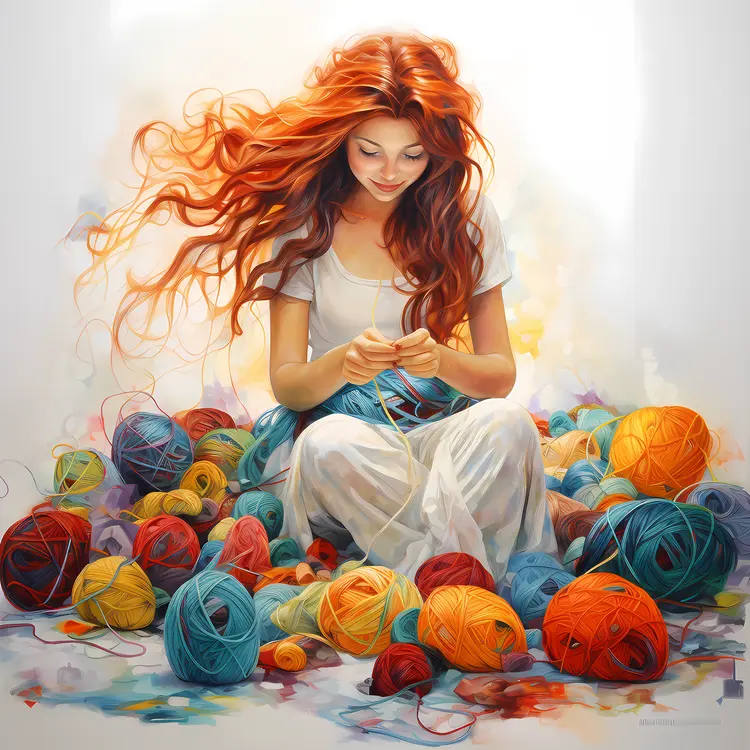 Woman Knitting with Colorful Yarn