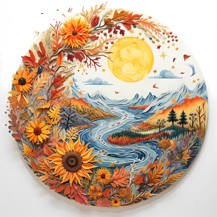 Sunflower Landscape with River and Mountains