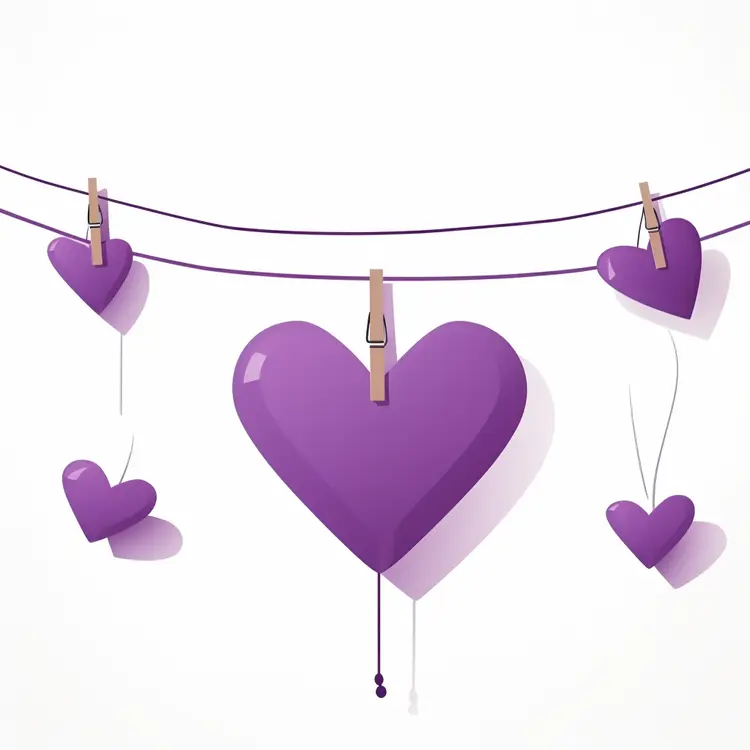 Purple Hearts Hanging on Clothesline for Valentine's Day