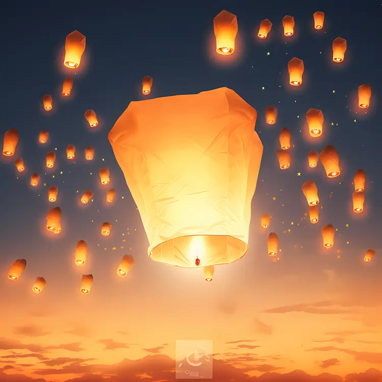 Multiple Sky Lanterns in the Evening Sky