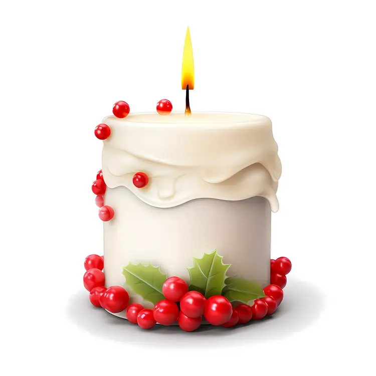 Single White Candle with Red Berries and Holly