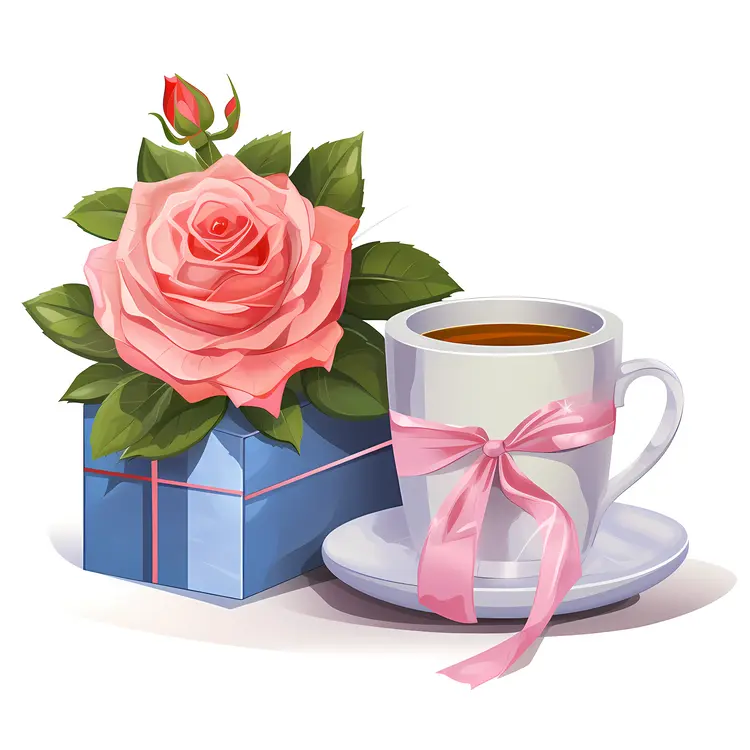 Pink Rose and Gift Box with Coffee Cup