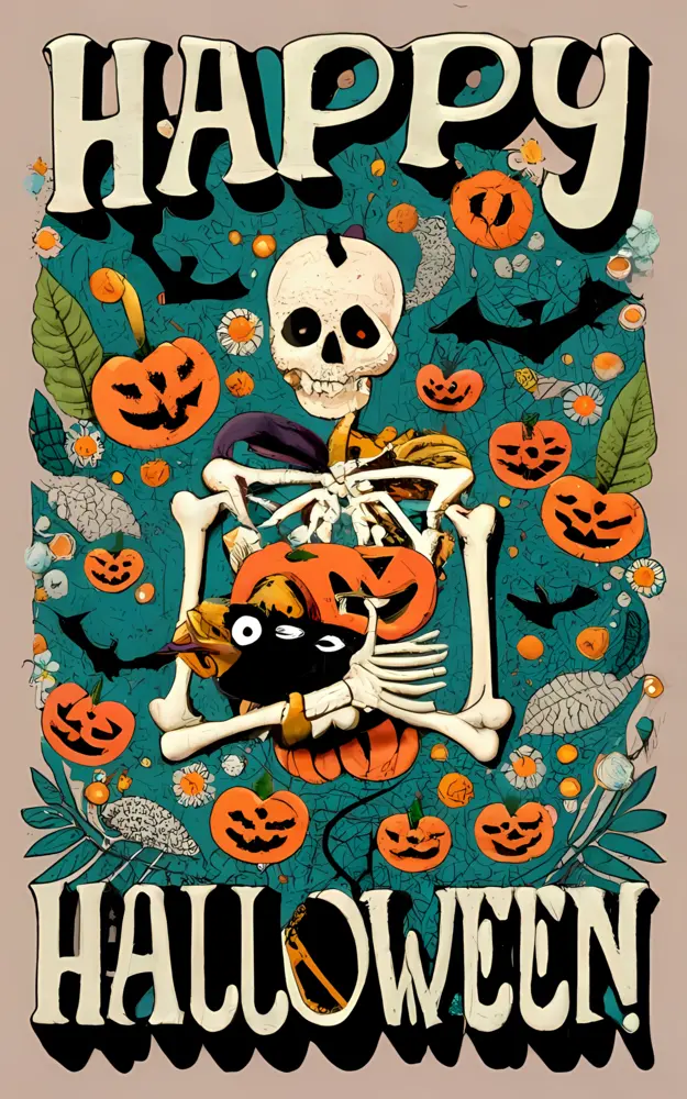 Happy Halloween Skeleton and Pumpkins