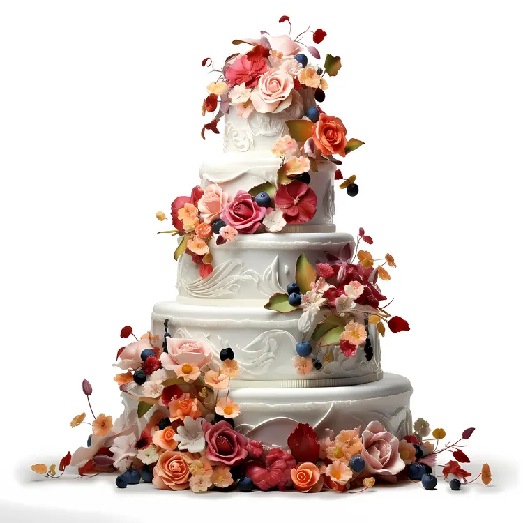 Vibrant Floral Wedding Cake with Red and Pink Flowers