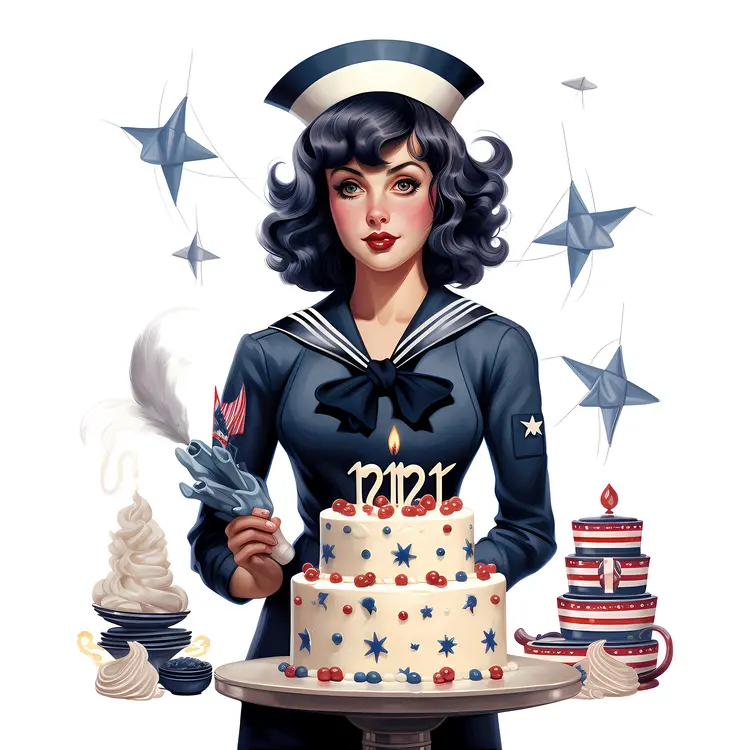 Woman in Navy Uniform Celebrating with a Birthday Cake