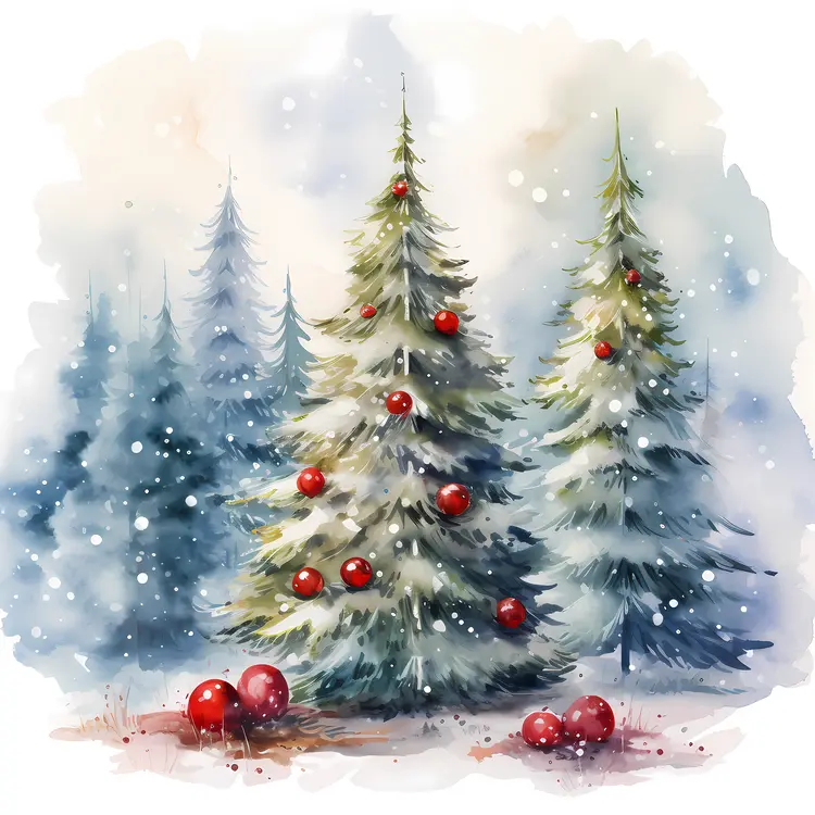 Decorated Christmas Tree in Snowy Forest