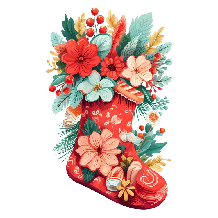 Red Christmas Stocking with Flowers and Leaves