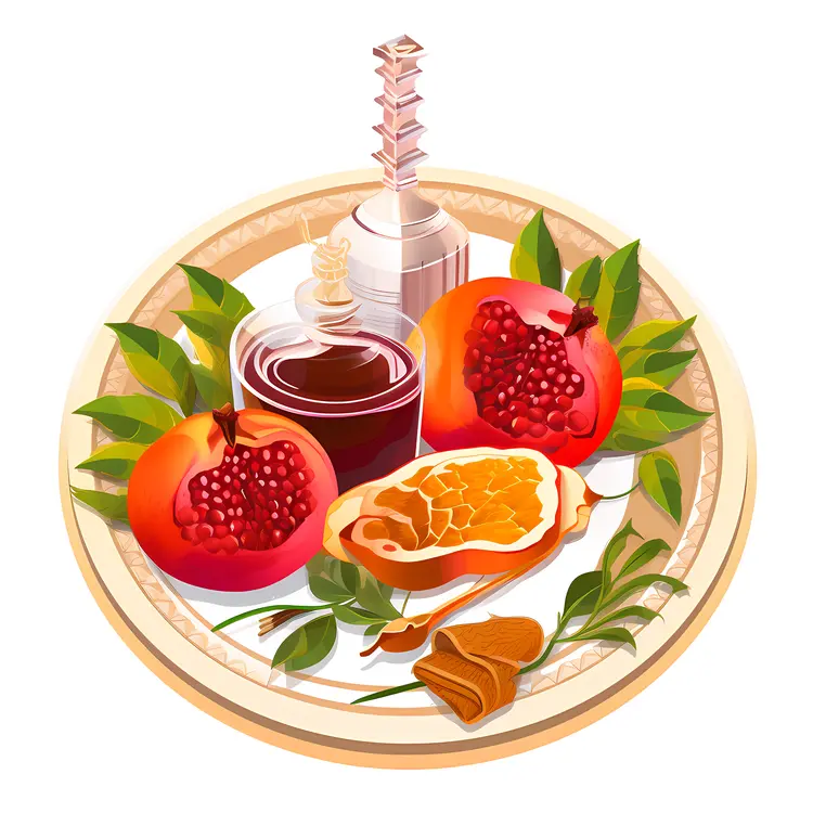 Pomegranate and Honey on a Plate for Rosh Hashanah
