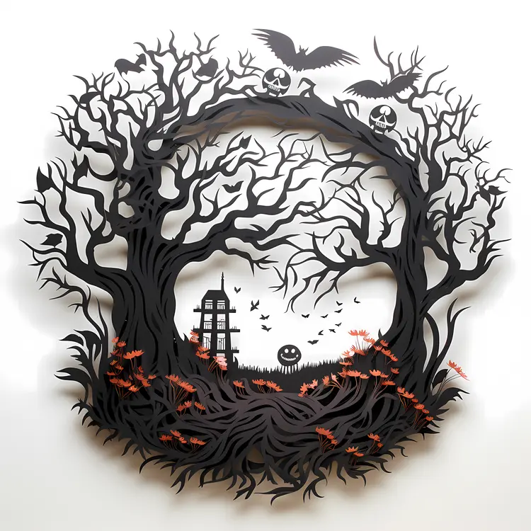 Spooky Tree with Pumpkins and Bats