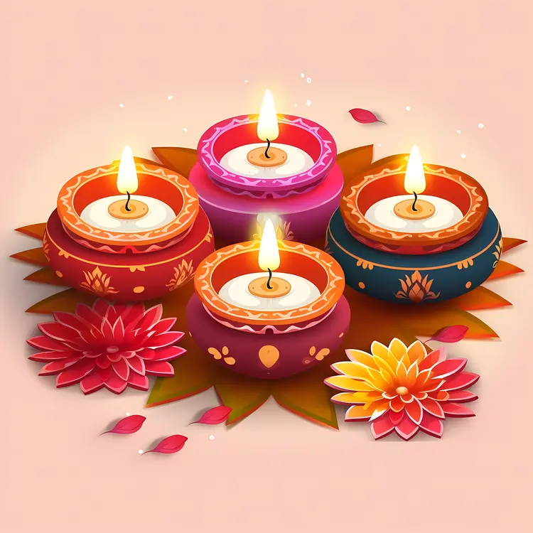 Four Diya Lamps with Flowers