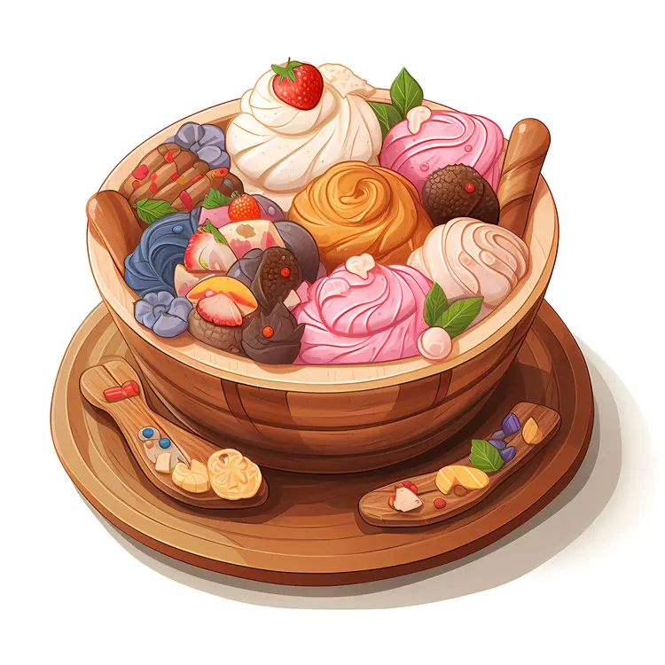 Colorful Ice Cream in Wooden Bowl