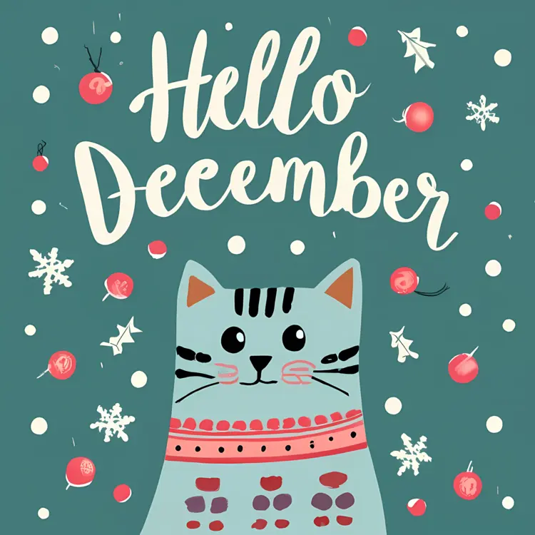 Hello December Text with Cat and Snowflakes