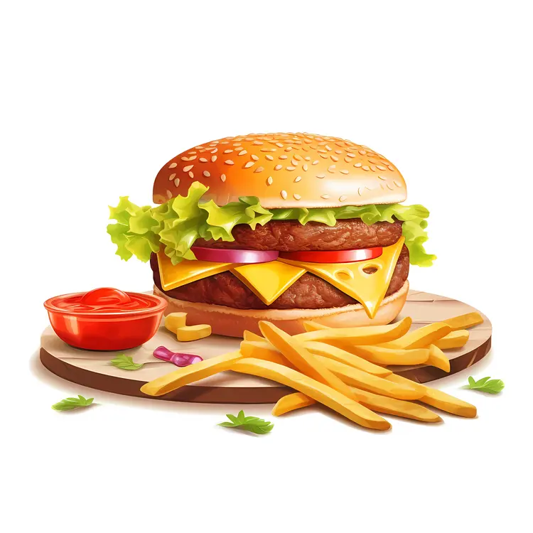 Delicious Burger with French Fries and Ketchup
