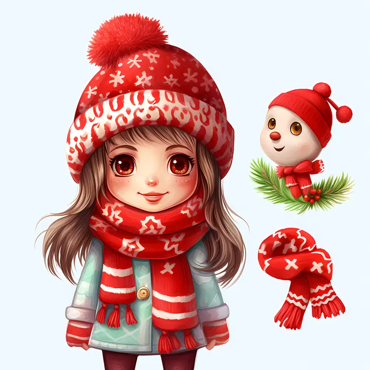 Cute Girl in Winter Clothes with Snowman