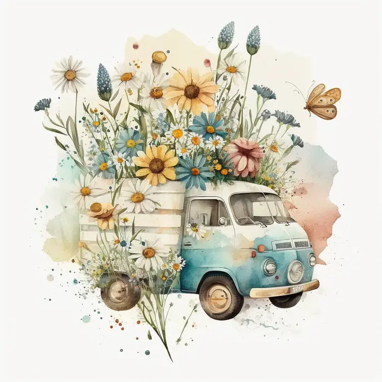 Vintage Flower Truck with Watercolor Flowers and Butterfly