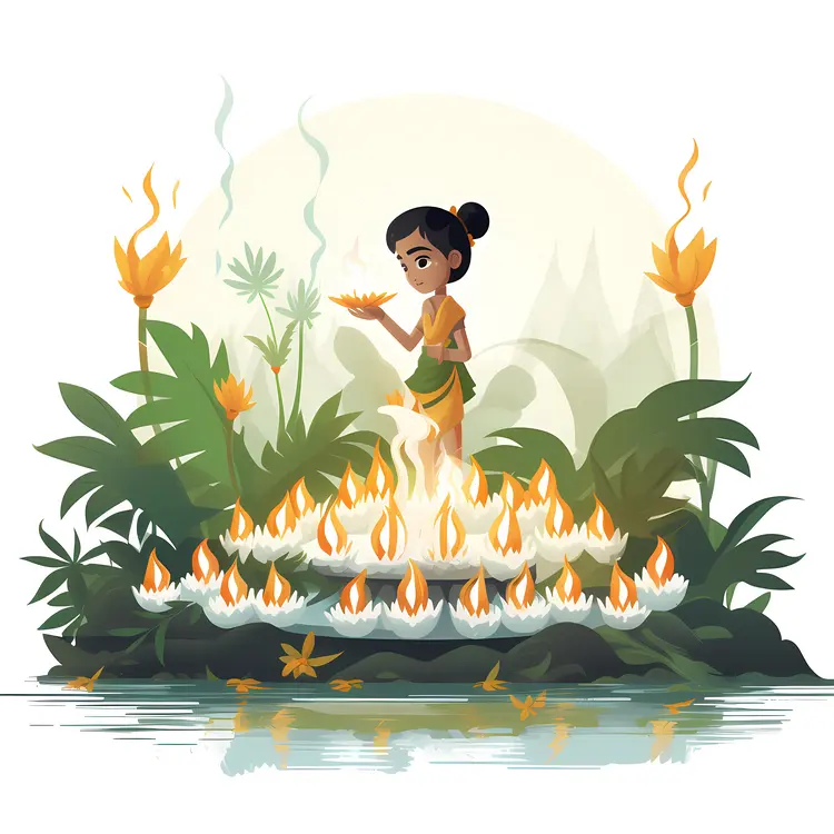 Girl with Lotus Flowers and Candles