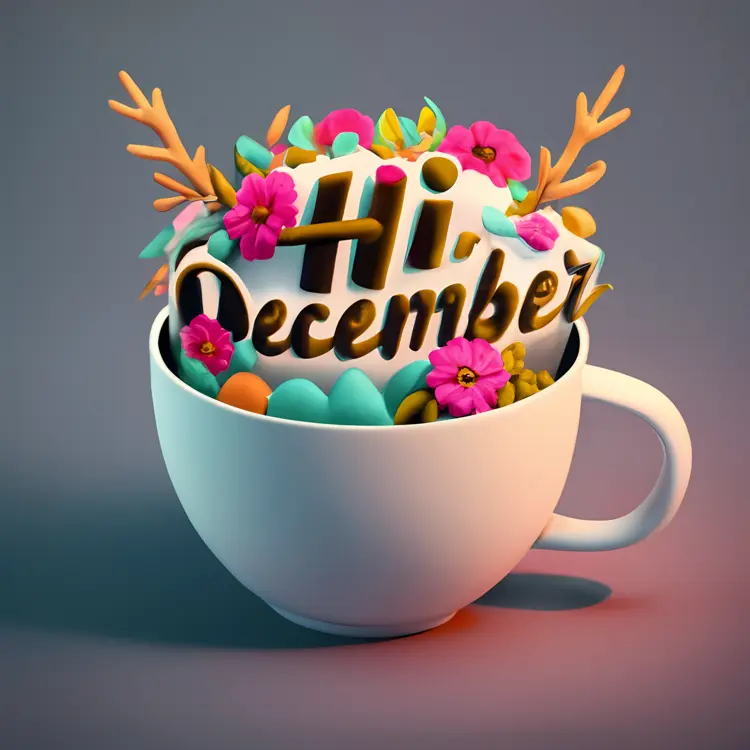 White Cup with Hi December and Flowers