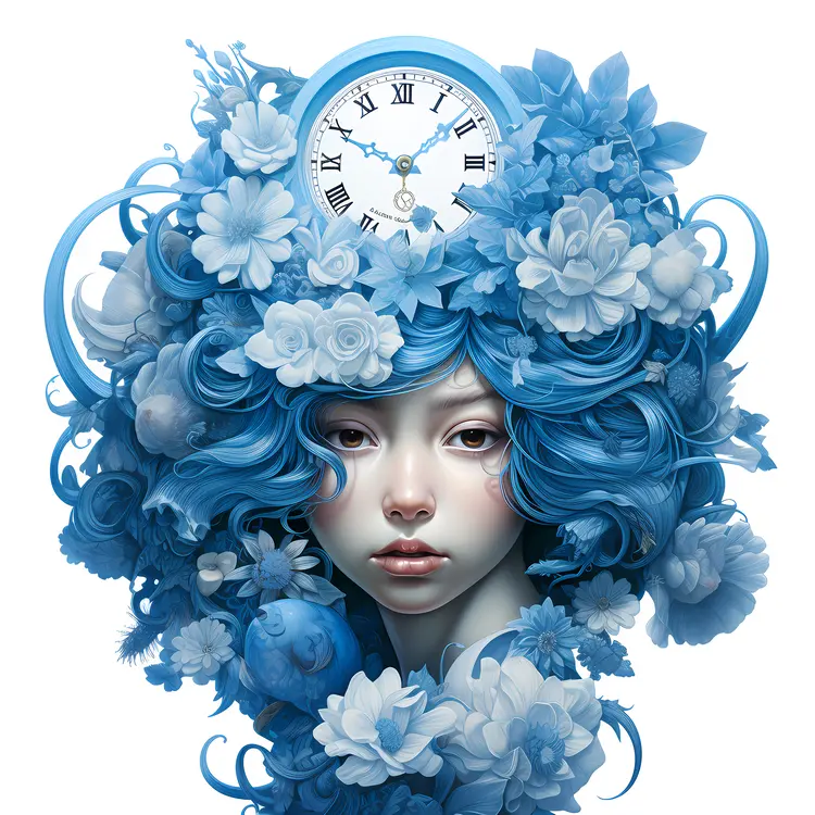 Blue Floral Clock Portrait Art