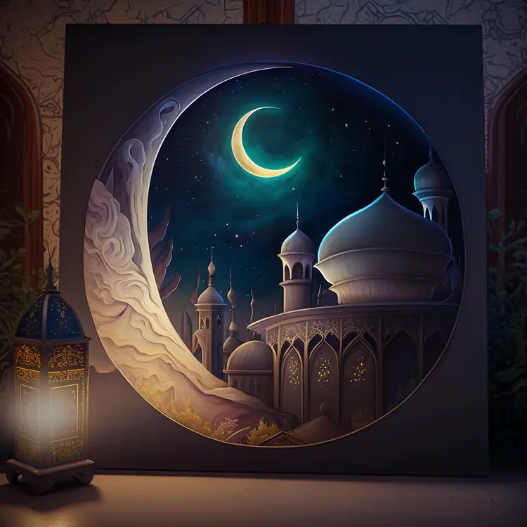 Beautiful Mosque with Crescent Moon and Lantern for Ramadan