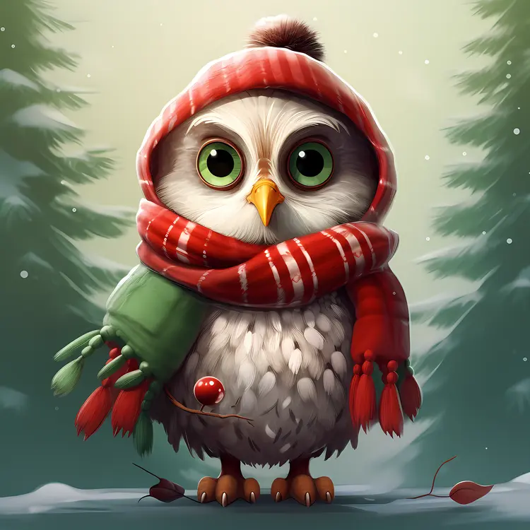 Adorable Owl with Red and Green Scarf in Forest