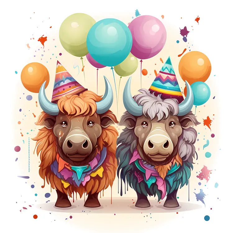 Cartoon Bison Pair with Party Hats