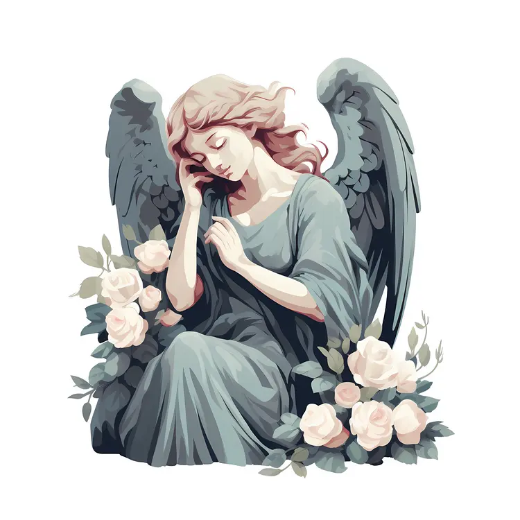 Resting Angel Statue with Flowers