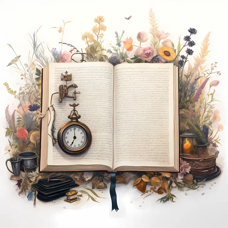 Open Book with Pocket Watch and Flowers