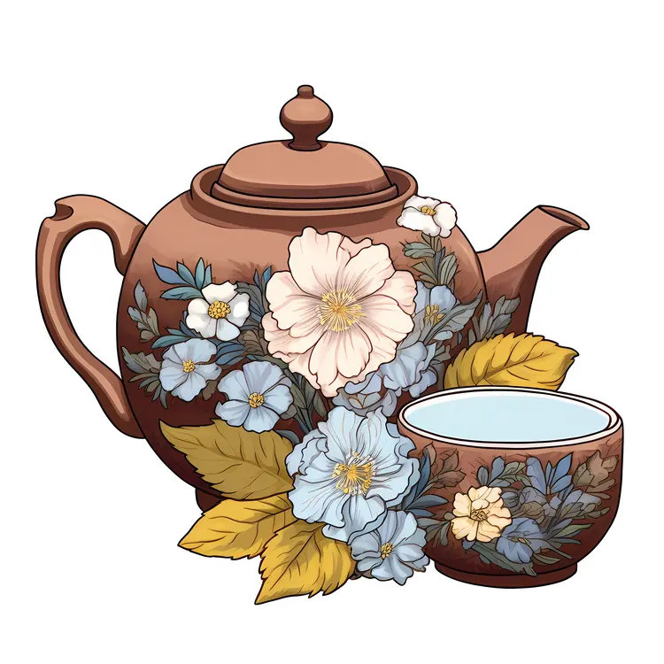 Floral Teapot and Cup Illustration